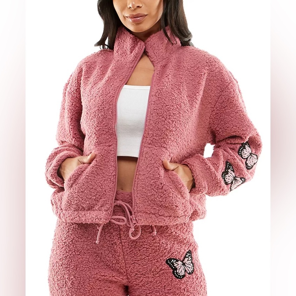 Pink sherpa fleece pant set with butterflies